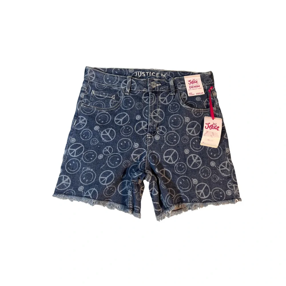 JUSTICE High Rise Midi Short Smiley Face‎ Peace Sign Girl's 20 Plus Fray Hem NEW